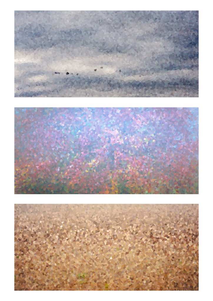 landscape photography, impressionism, abstract expressionism, pointillism, colour field, triptych