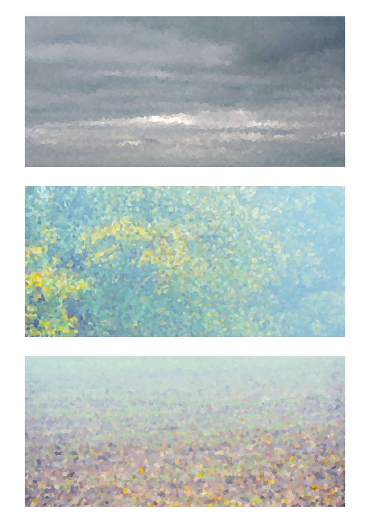 landscape photography, impressionism, abstract expressionism, pointillism, colour field, triptych